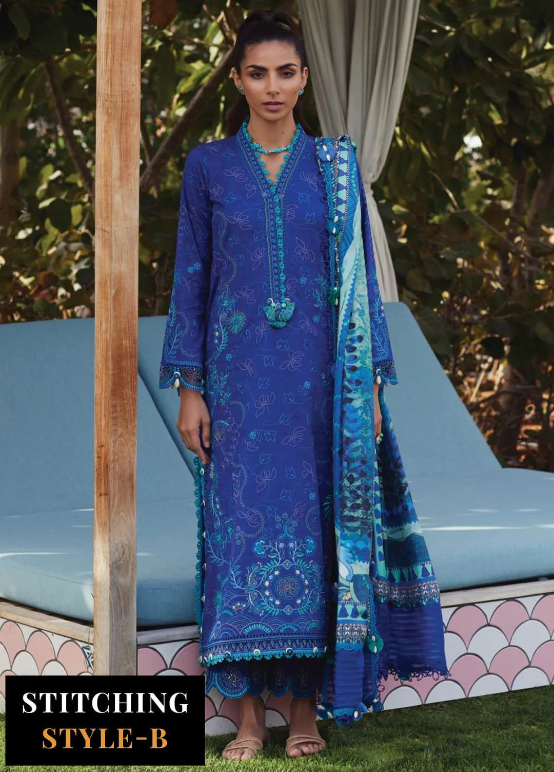 Wes by Farah Talib Embroidered Lawn Suits Unstitched 3 Piece FTA25WL FTA-06 Beryl Deep Blue - Luxury Collection