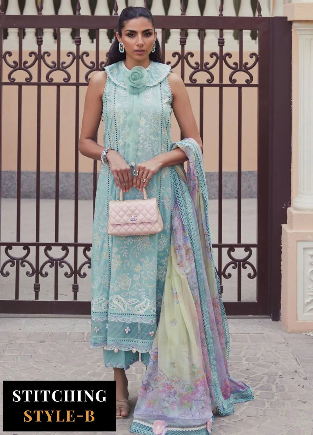 Wes by Farah Talib Embroidered Lawn Suits Unstitched 3 Piece FTA25WL FTA-07 Alice Aqua - Luxury Collection