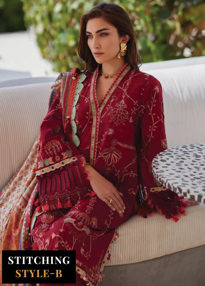 Wes by Farah Talib Embroidered Lawn Suits Unstitched 3 Piece FTA25WL FTA-10 Rosemary Red - Luxury Collection