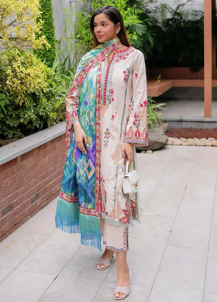 Wes by Farah Talib Embroidered Lawn Suits Unstitched 3 Piece FTA25WL FTA-02 Irene Ivory - Luxury Collection