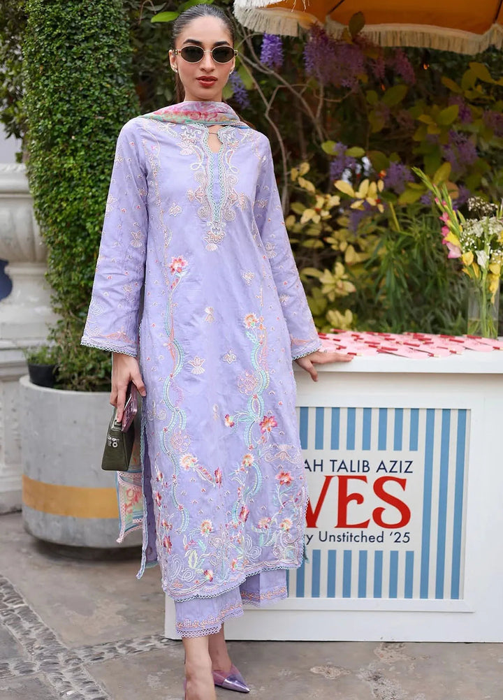 Wes by Farah Talib Embroidered Lawn Suits Unstitched 3 Piece FTA25WL FTA-09 Lilliana Lavender - Luxury Collection