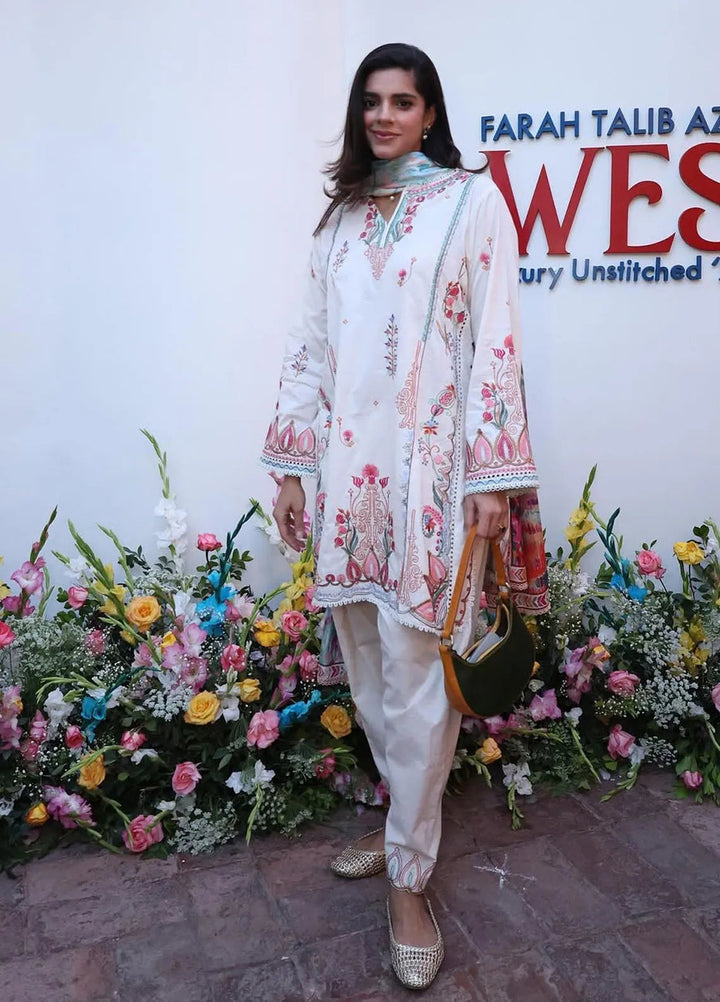Wes by Farah Talib Embroidered Lawn Suits Unstitched 3 Piece FTA25WL FTA-02 Irene Ivory - Luxury Collection
