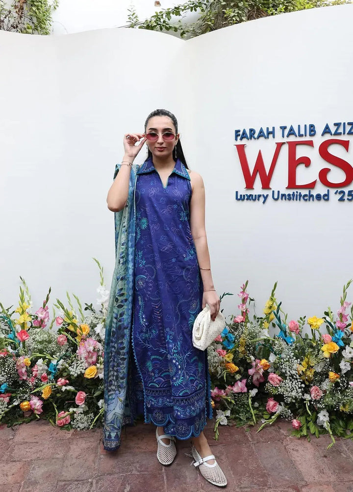 Wes by Farah Talib Embroidered Lawn Suits Unstitched 3 Piece FTA25WL FTA-06 Beryl Deep Blue - Luxury Collection