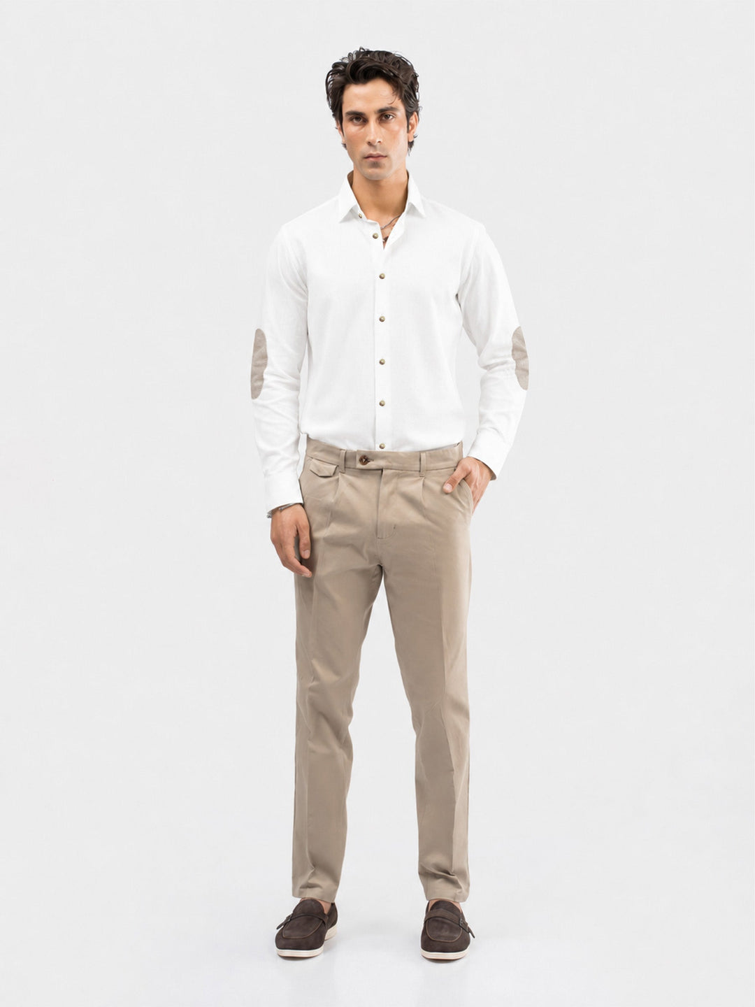 Brumano Mens RTW Solids Cotton Shirt White Textured Beige Elbow Western Collection