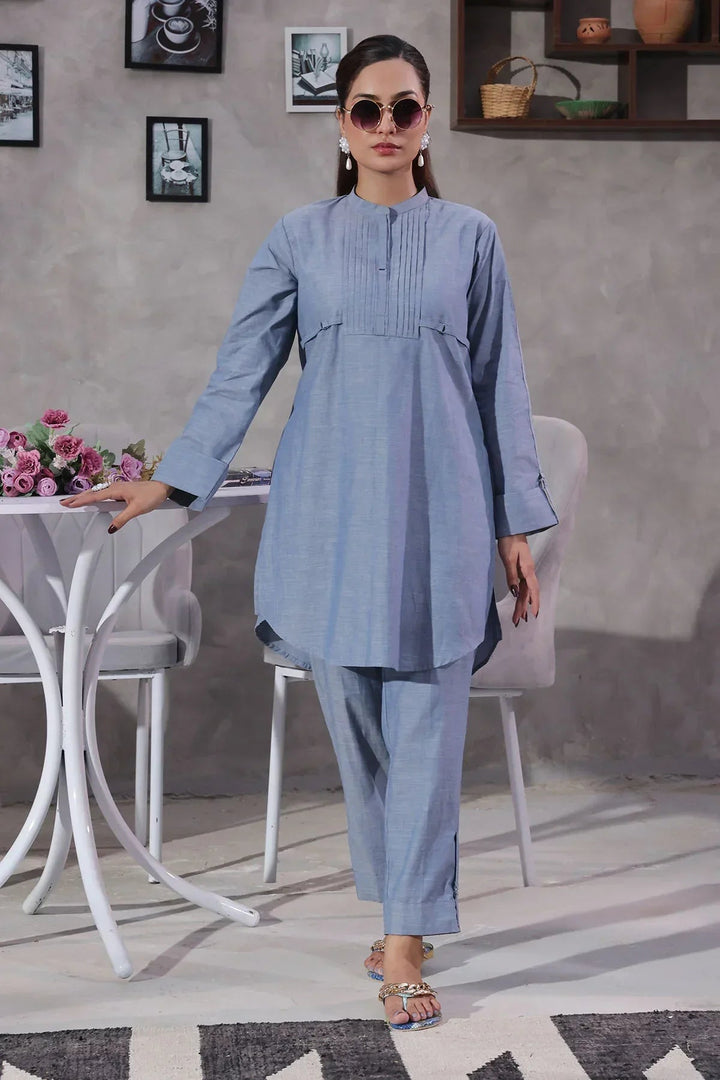 Ochre Women RTW Cotton 2 Piece Suit Blue Chambray Cotton - Festive Collection
