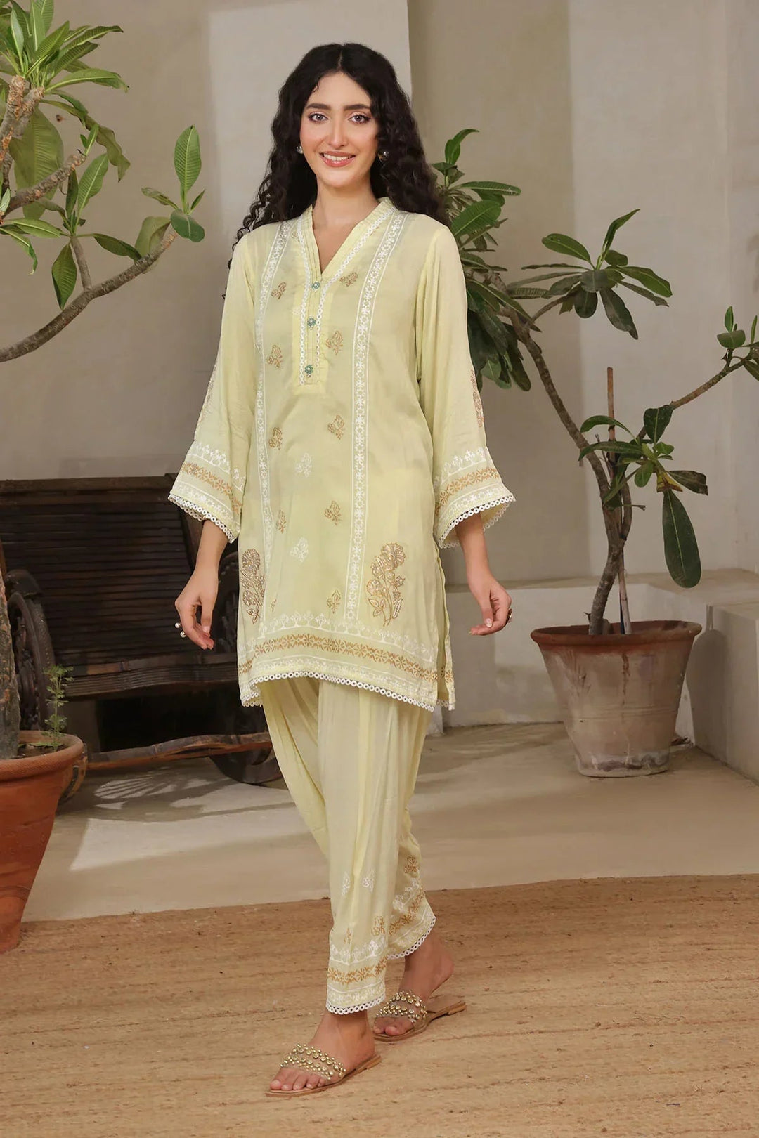 Ochre Women RTW Cotton 2 Piece Suit Lemon Yellow Cotton Printed - Festive Collection