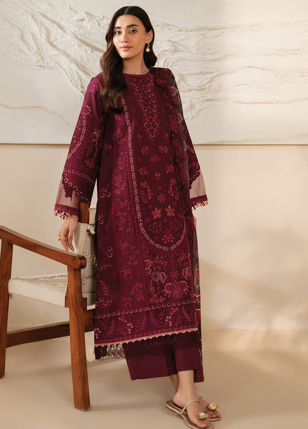 Xenia Embroidered Lawn Suits Unstitched 3 Piece XE25UL D-07 Crimson - Summer Collection