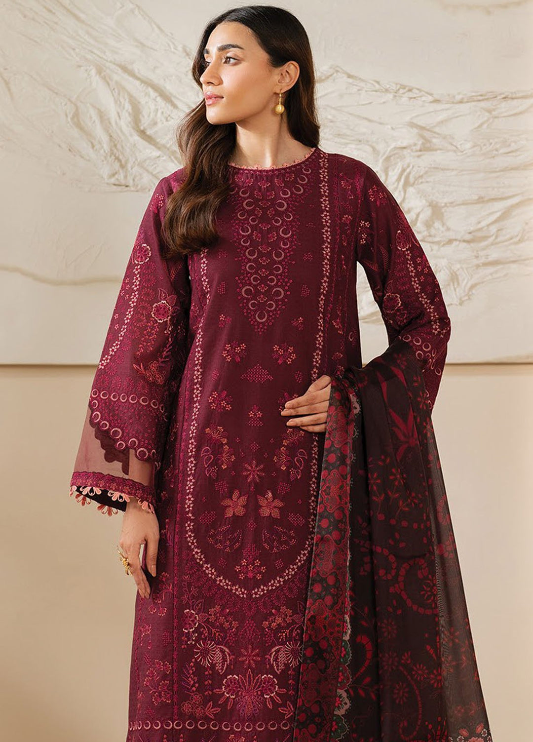 Xenia Embroidered Lawn Suits Unstitched 3 Piece XE25UL D-07 Crimson - Summer Collection
