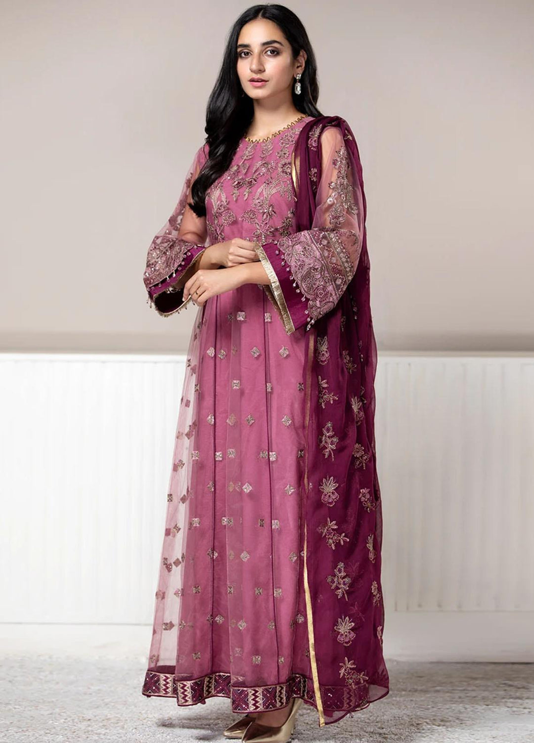 Xenia Formals Embroidered Net Stitched 3 Piece Suit XF21P ROSE DUST XFR-21-174