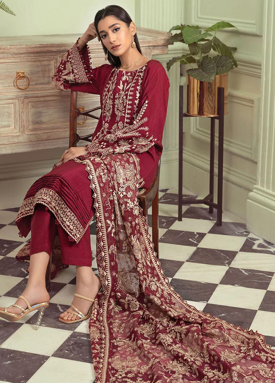 Xenia Formals Ready to Wear Embroidered Raw Silk 3 Piece Suit FARIZA XFR-22-335