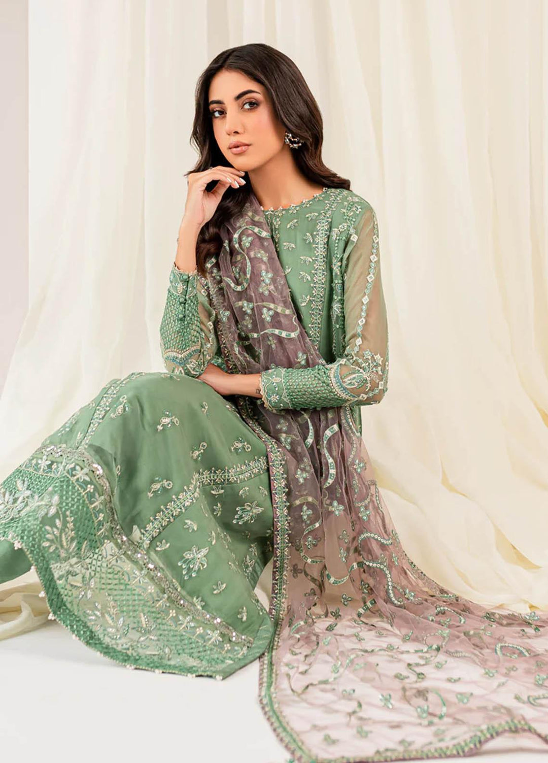 Xenia Formals Luxury Pret  Chiffon 3 Piece Dress Verde