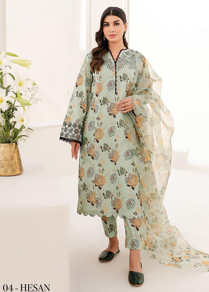 Xenia Formals Embroidered Lawn Suits Unstitched 3 Piece XE23SS D-02 Hesan - Summer Collection