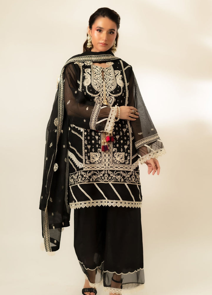 Zaaviay Pret Embroidered Cotton Net 3 Piece Suit Black Opal