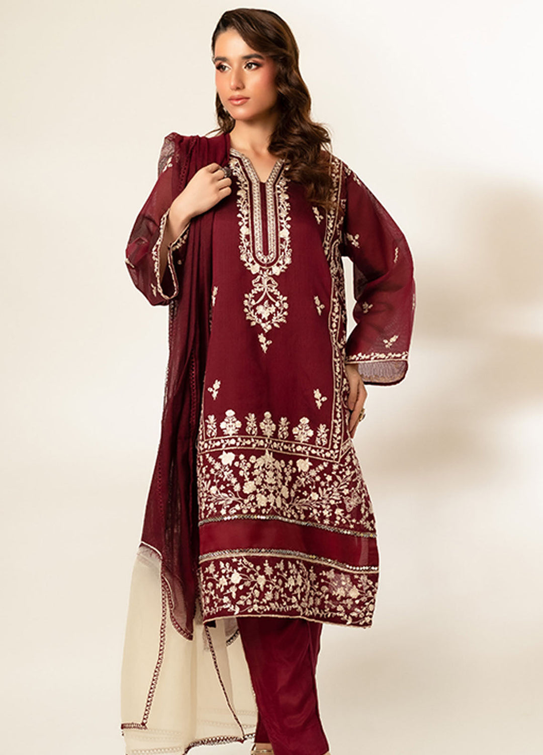 Zaaviay Pret Embroidered Cotton Net 3 Piece Suit Maroon Majesty
