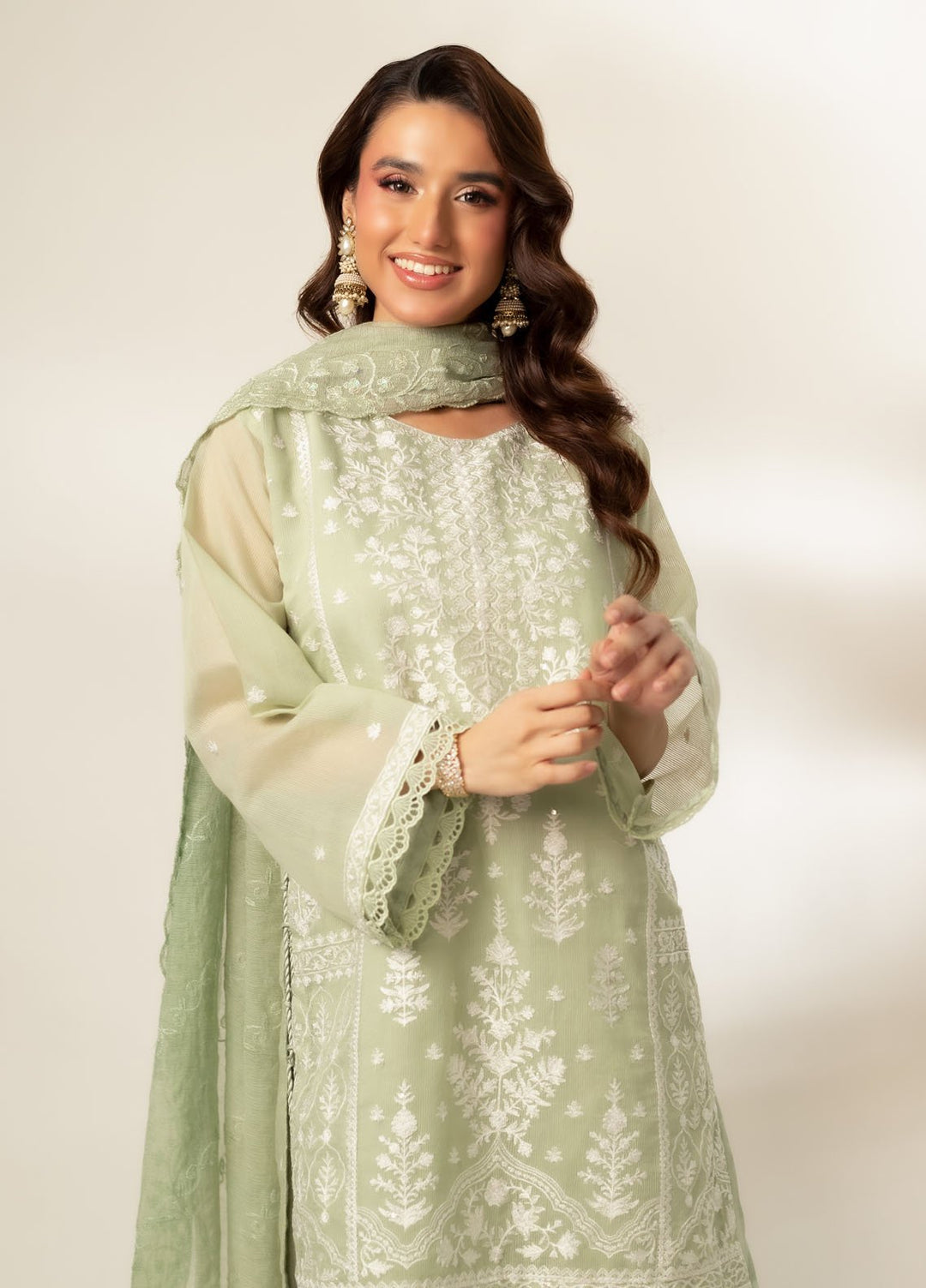 Zaaviay Pret Embroidered Cotton Net 3 Piece Suit Mint to Be