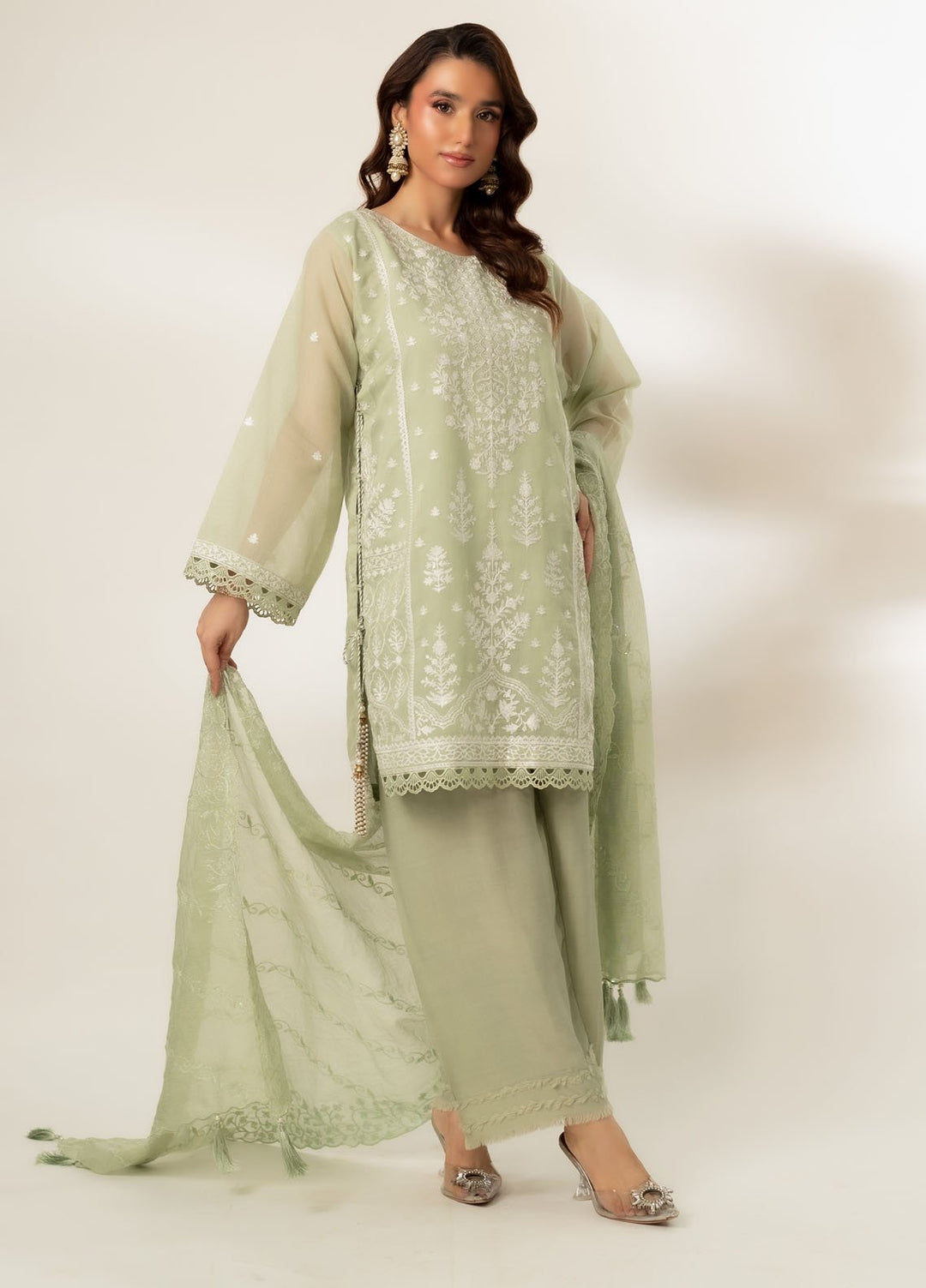 Zaaviay Pret Embroidered Cotton Net 3 Piece Suit Mint to Be