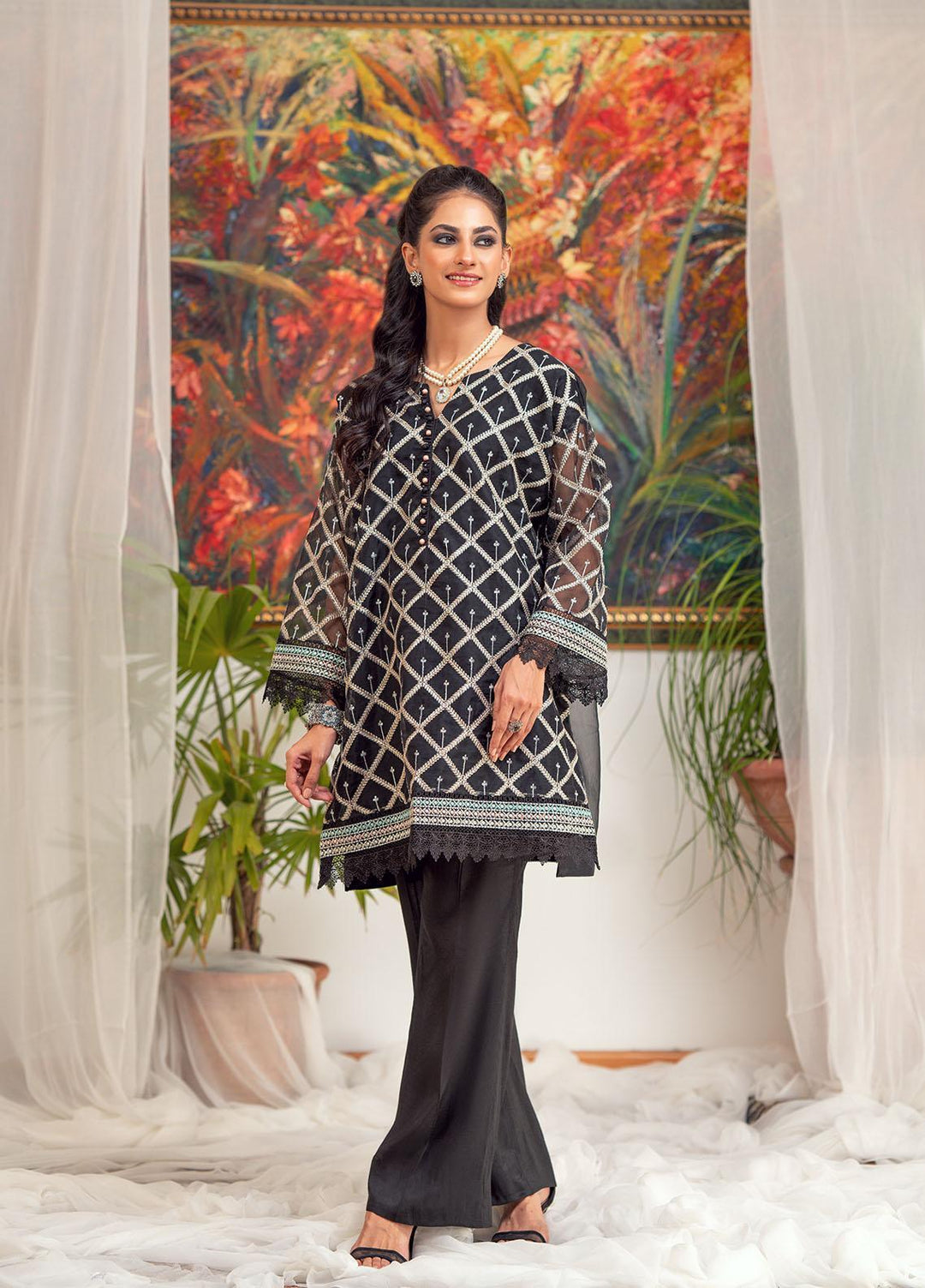 Zaaviay Luxury Pret Embroidered Organza 2 Piece Dress ZV22OG EBONY