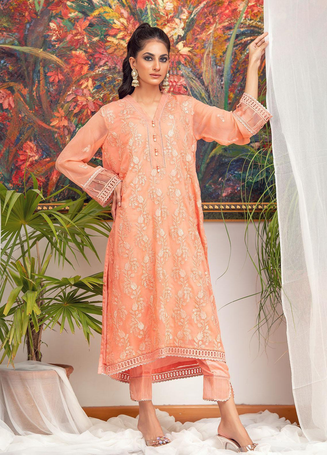 Zaaviay Luxury Pret Embroidered Chiffon 2 Piece Dress ZV22OG CORAL