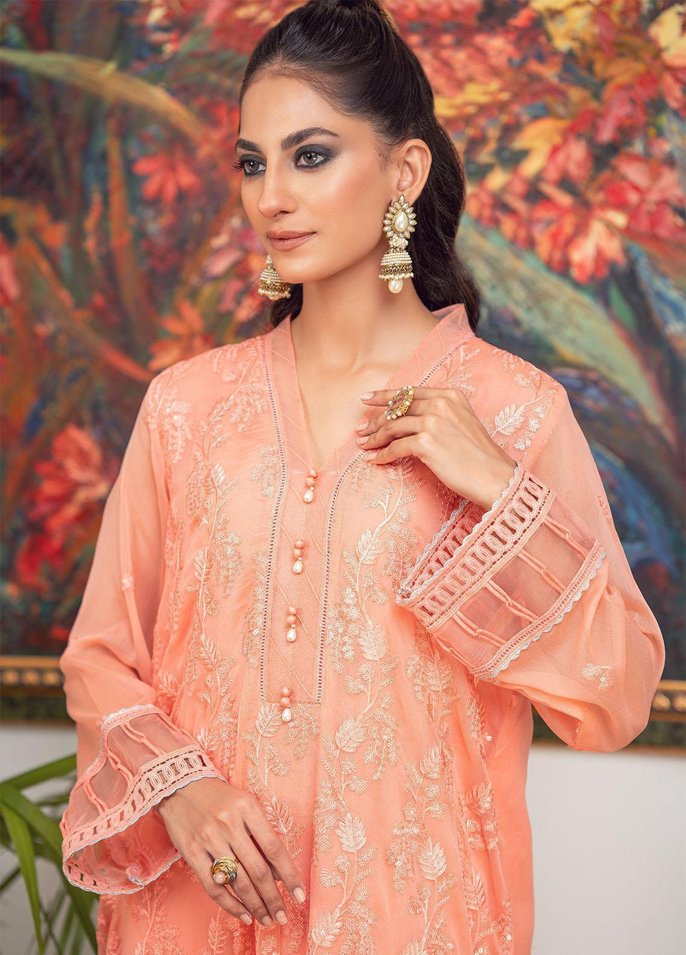 Zaaviay Luxury Pret Embroidered Chiffon 2 Piece Dress ZV22OG CORAL