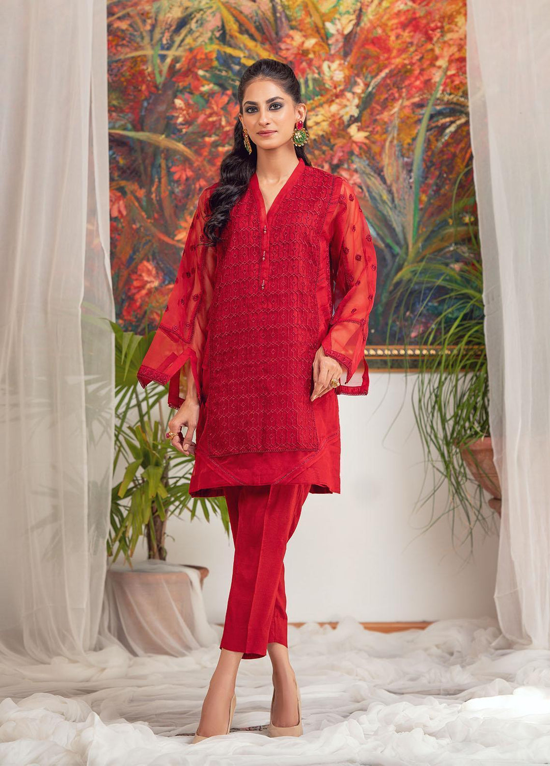 Zaaviay Luxury Pret Embroidered Organza 2 Piece Dress ZV22OG CARMINE