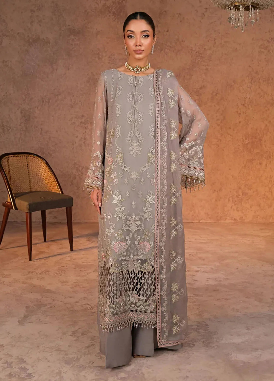 Zabaish by Lavish Embroidered Chiffon Suit Unstitched 3 Piece LVP24ZC D-07 Fossil - Formal Collection