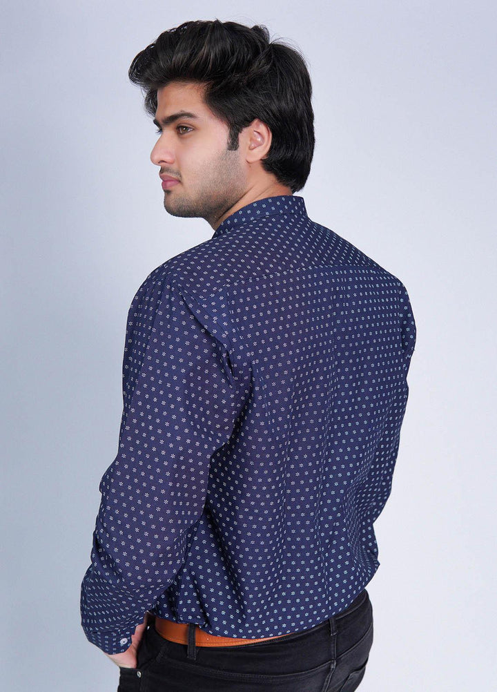 Zaeim Cotton Formal Shirt for Men -  ZM23SH Blue Printed Shirt - Ban Collar Shirt