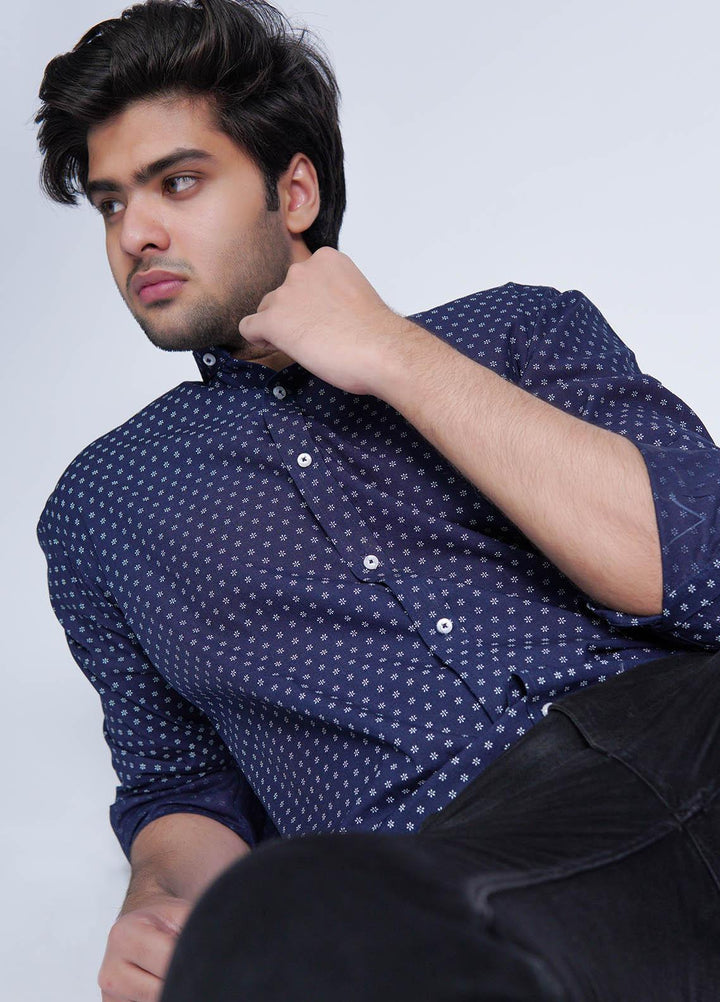 Zaeim Cotton Formal Shirt for Men -  ZM23SH Blue Printed Shirt - Ban Collar Shirt