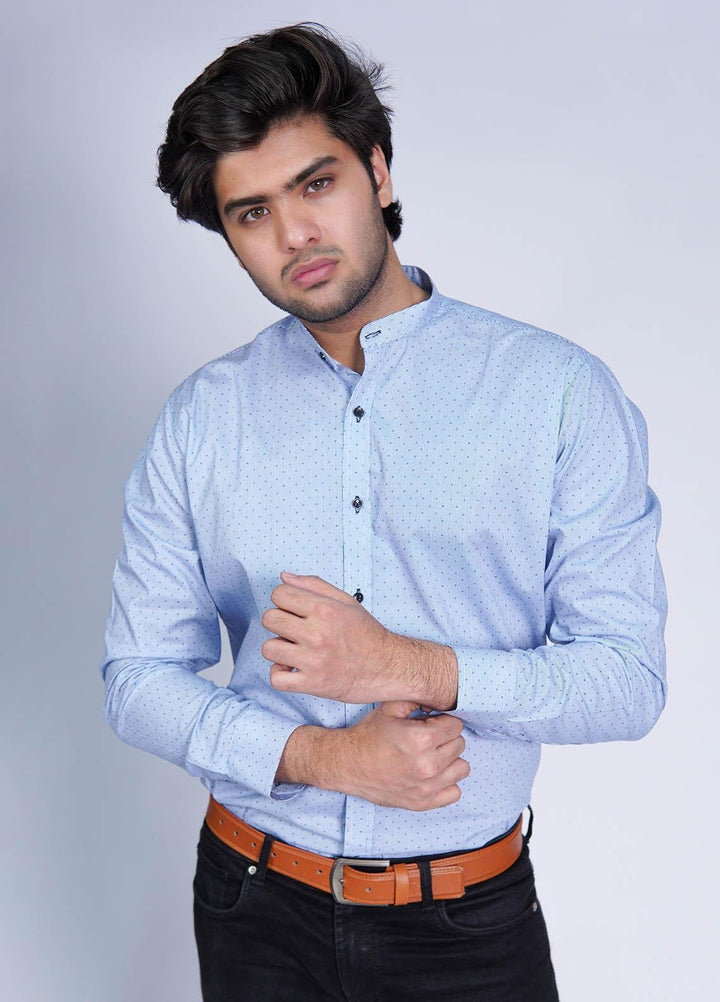 Zaeim Cotton Formal Shirt for Men -  ZM23SH Sky Blue Dotted Printed Shirt - Ban Collar Shirt