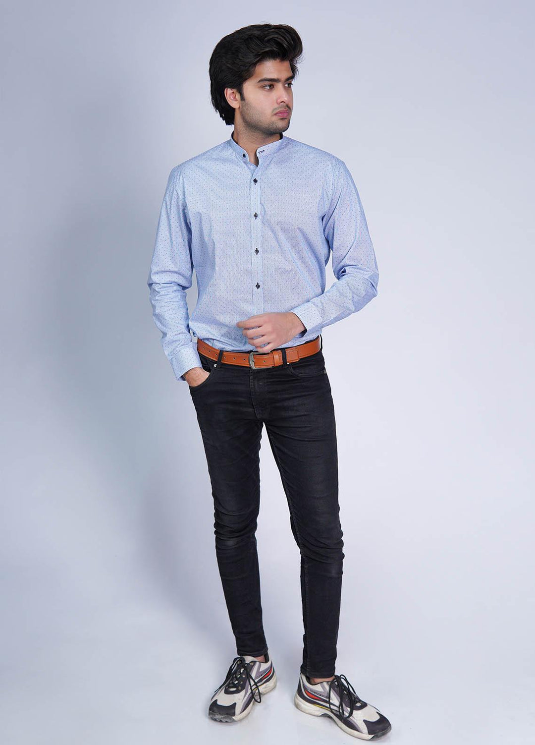 Zaeim Cotton Formal Shirt for Men -  ZM23SH Sky Blue Dotted Printed Shirt - Ban Collar Shirt