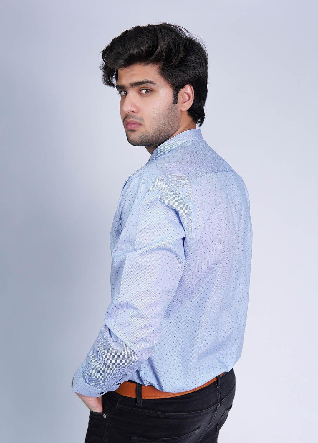 Zaeim Cotton Formal Shirt for Men -  ZM23SH Sky Blue Dotted Printed Shirt - Ban Collar Shirt