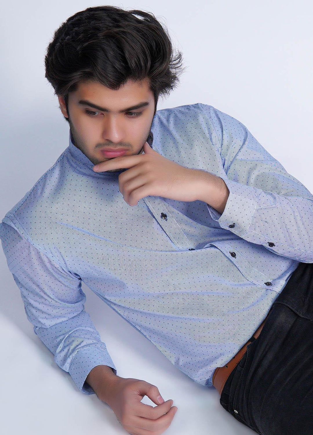 Zaeim Cotton Formal Shirt for Men -  ZM23SH Sky Blue Dotted Printed Shirt - Ban Collar Shirt