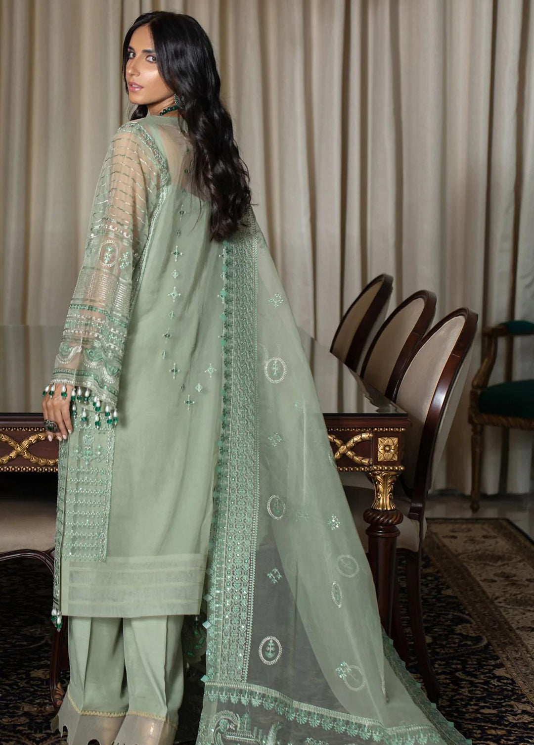Zahara By Muraad Embroidered Organza Suits Unstitched 3 Piece MU22Z D-006 Sage - Luxury Collection