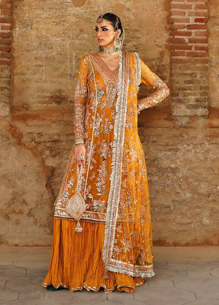 Zaib-un-Nisa by Hussain Rehar Embroidered Net Suits Unstitched 4 Piece HRR23ZN Saffron - Festive Collection