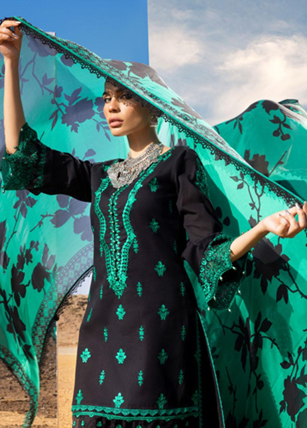 Zainab Chottani Embroidered Lawn Suits Unstitched 3 Piece MAHAL ZC23CHN 07-B - Luxury Lawn Collection