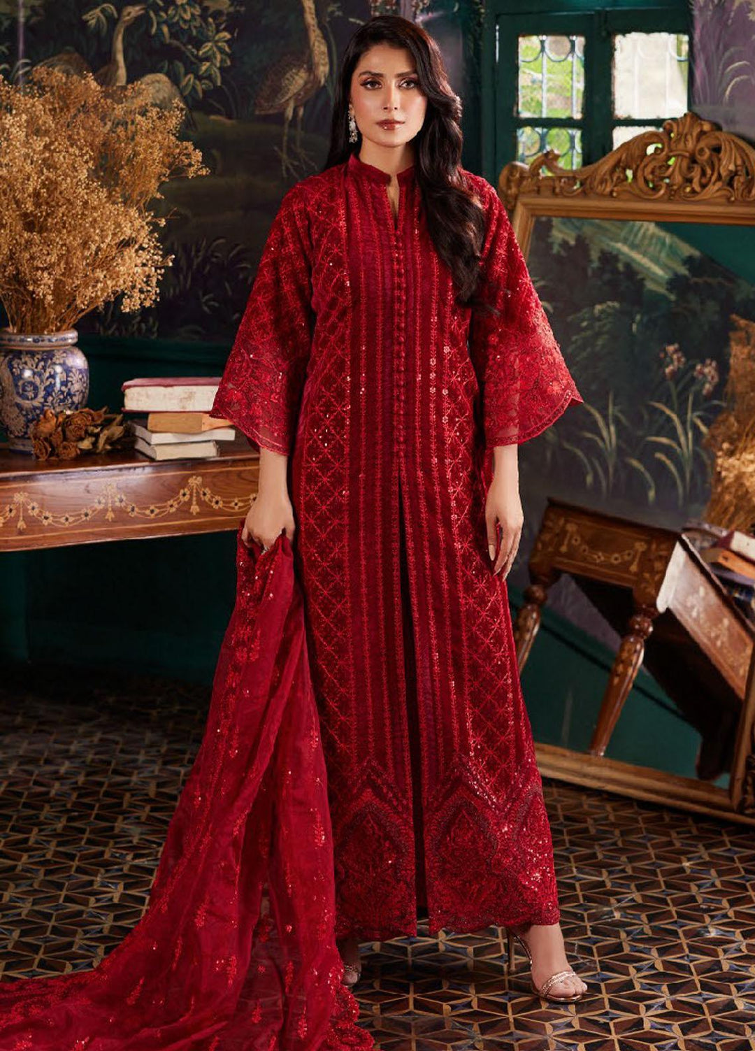 Zainab Chottani Embroidered Velvet Suits Unstitched 3 Piece ZC23UV D5 Surkh - Luxury Collection