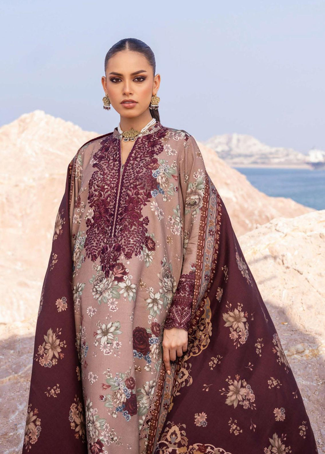 Zainab Chottani Embroidered Herringbone Suits Unstitched 3 Piece ZC23WS D1 Aks - Winter Collection