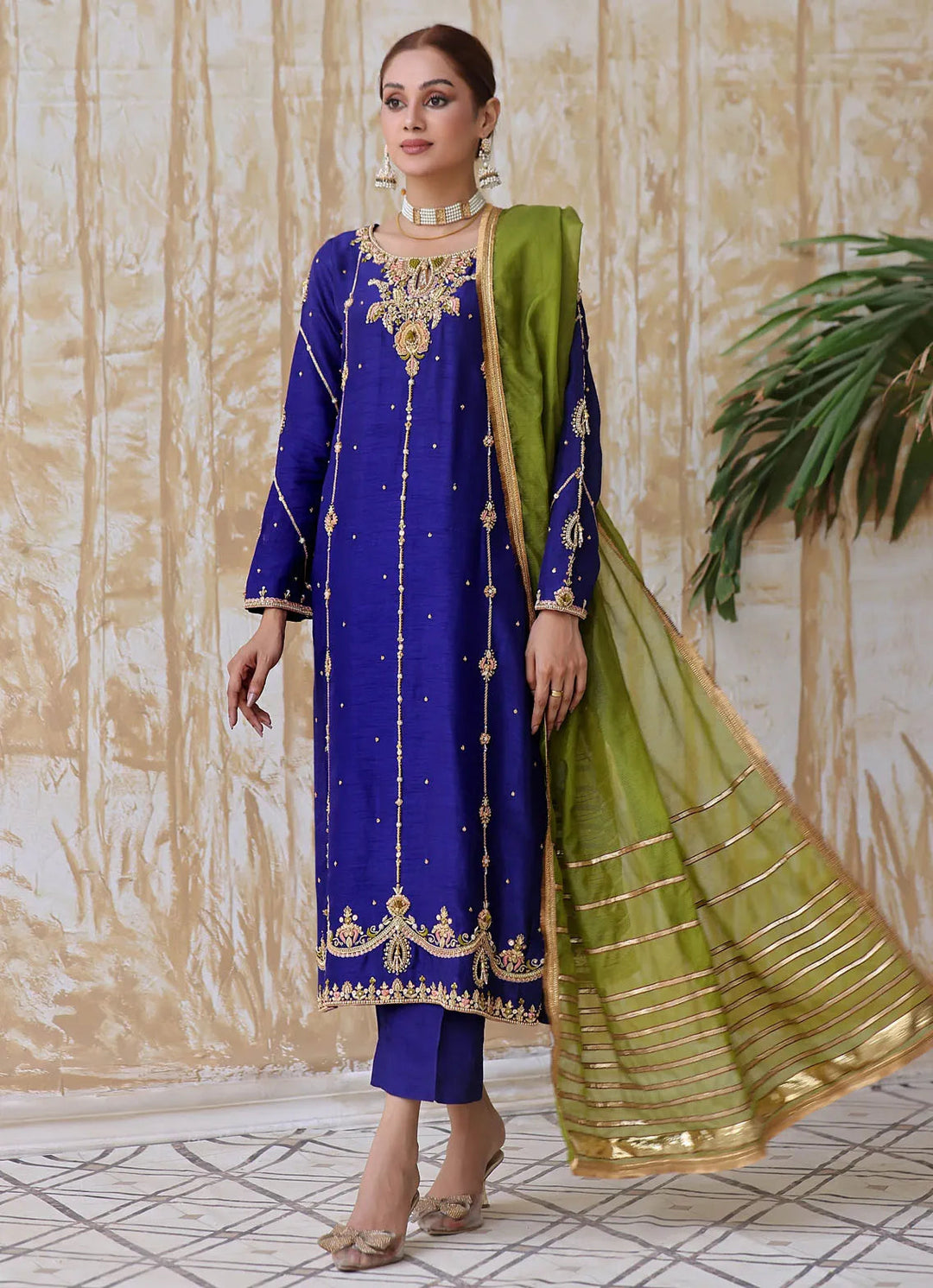 Zainab Hasan Pret Embriodered Korean Silk  3 Piece Midnight blue ZHF-129