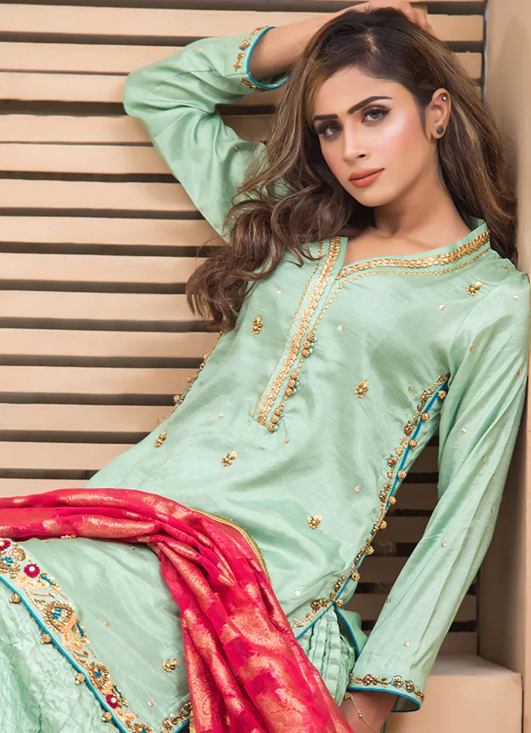 Zainab Hasan Pret Embriodered Raw Silk 3 Piece Ferozi wonder ZHF-41