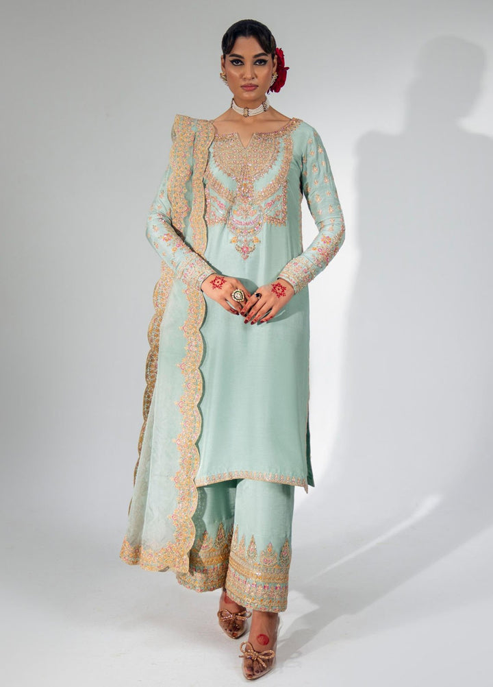 Zar-Bano by Scherezade Pret Hand Embellished N Embroidered Korean Rawsilk 3 Piece Suit Sandal