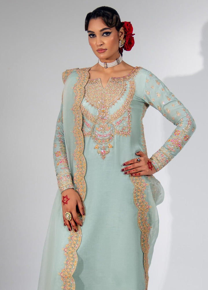 Zar-Bano by Scherezade Pret Hand Embellished N Embroidered Korean Rawsilk 3 Piece Suit Sandal