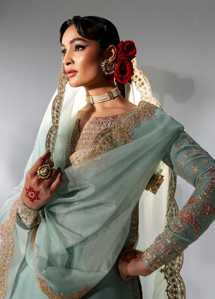 Zar-Bano by Scherezade Pret Hand Embellished N Embroidered Korean Rawsilk 3 Piece Suit Sandal