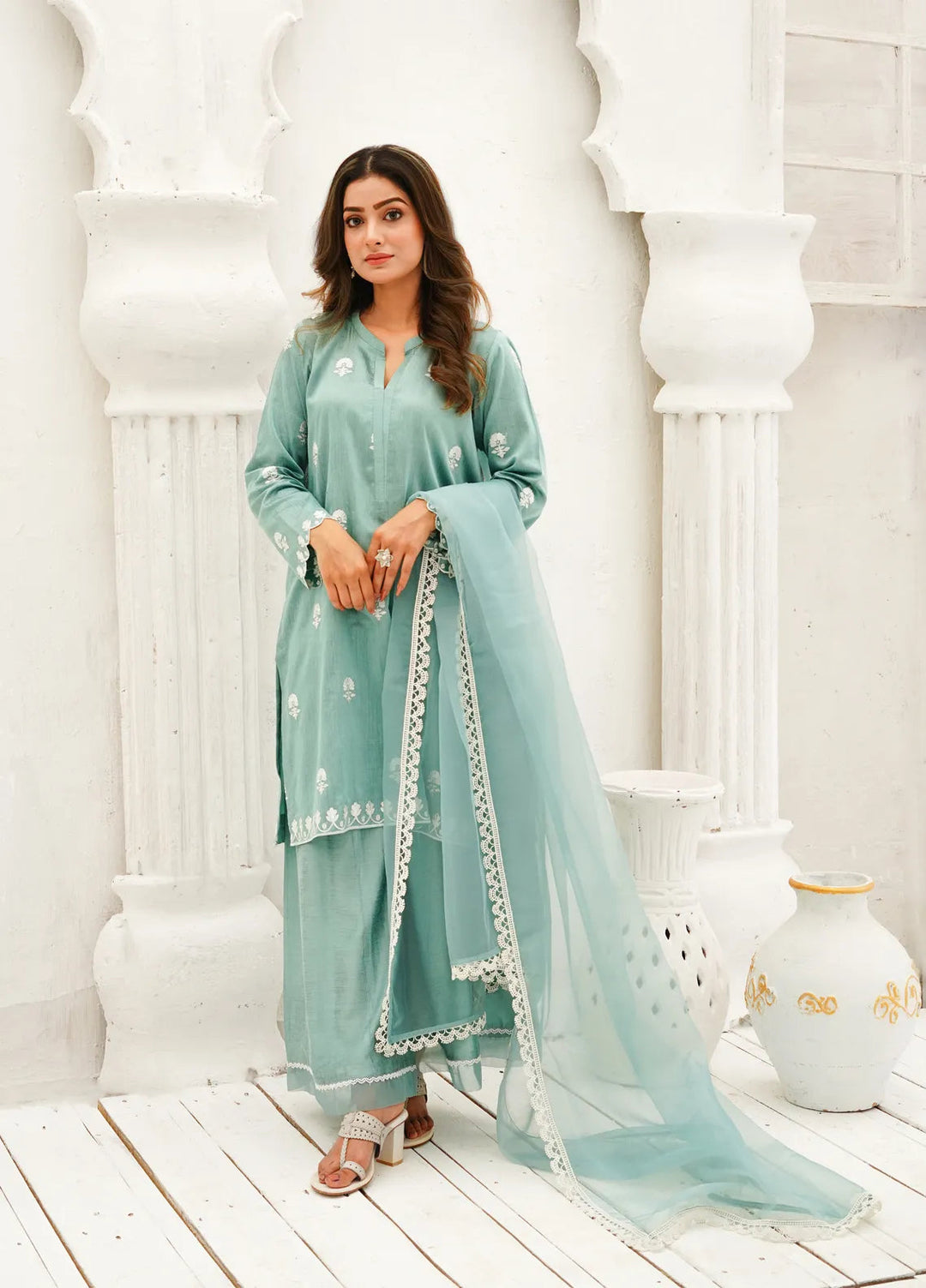 Zar Pret Embroidered Cotton Organza 3 Piece Suit Seafoam