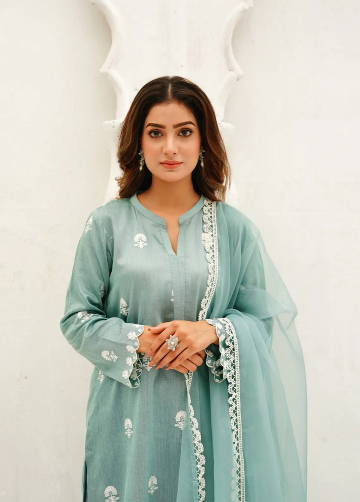 Zar Pret Embroidered Cotton Organza 3 Piece Suit Seafoam