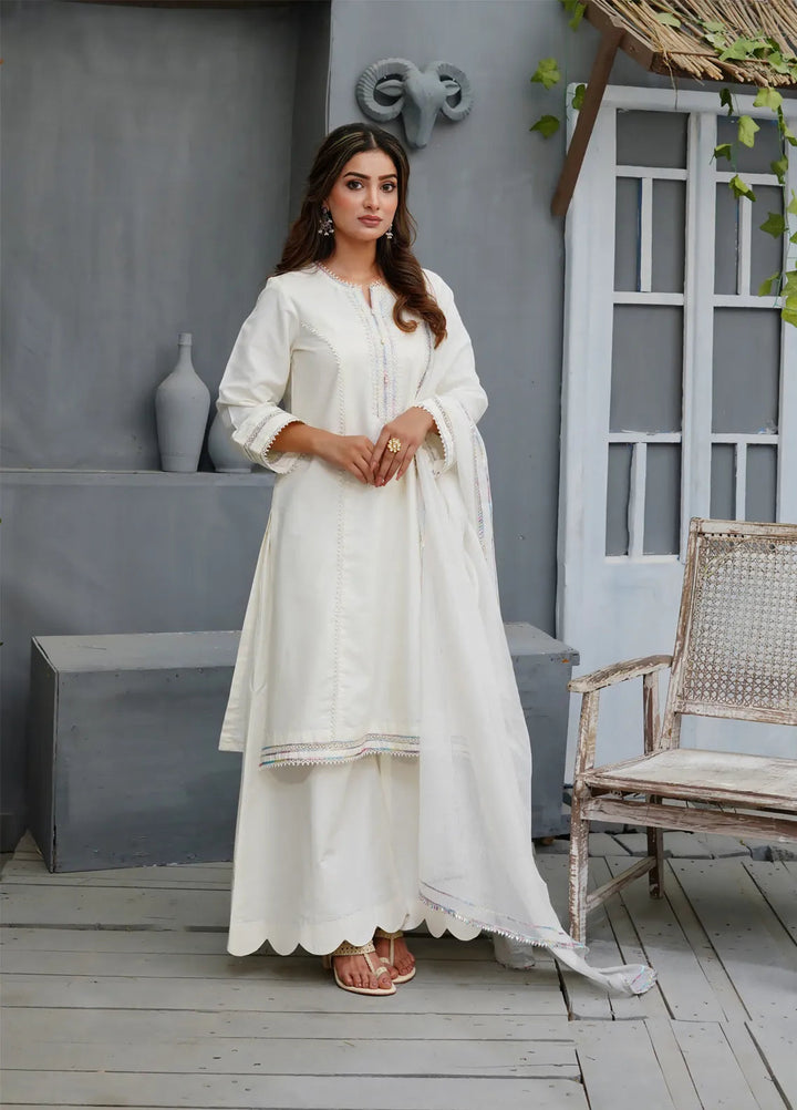 Zar Pret Embroidered Cotton silk 3 Piece Suit Pearl White