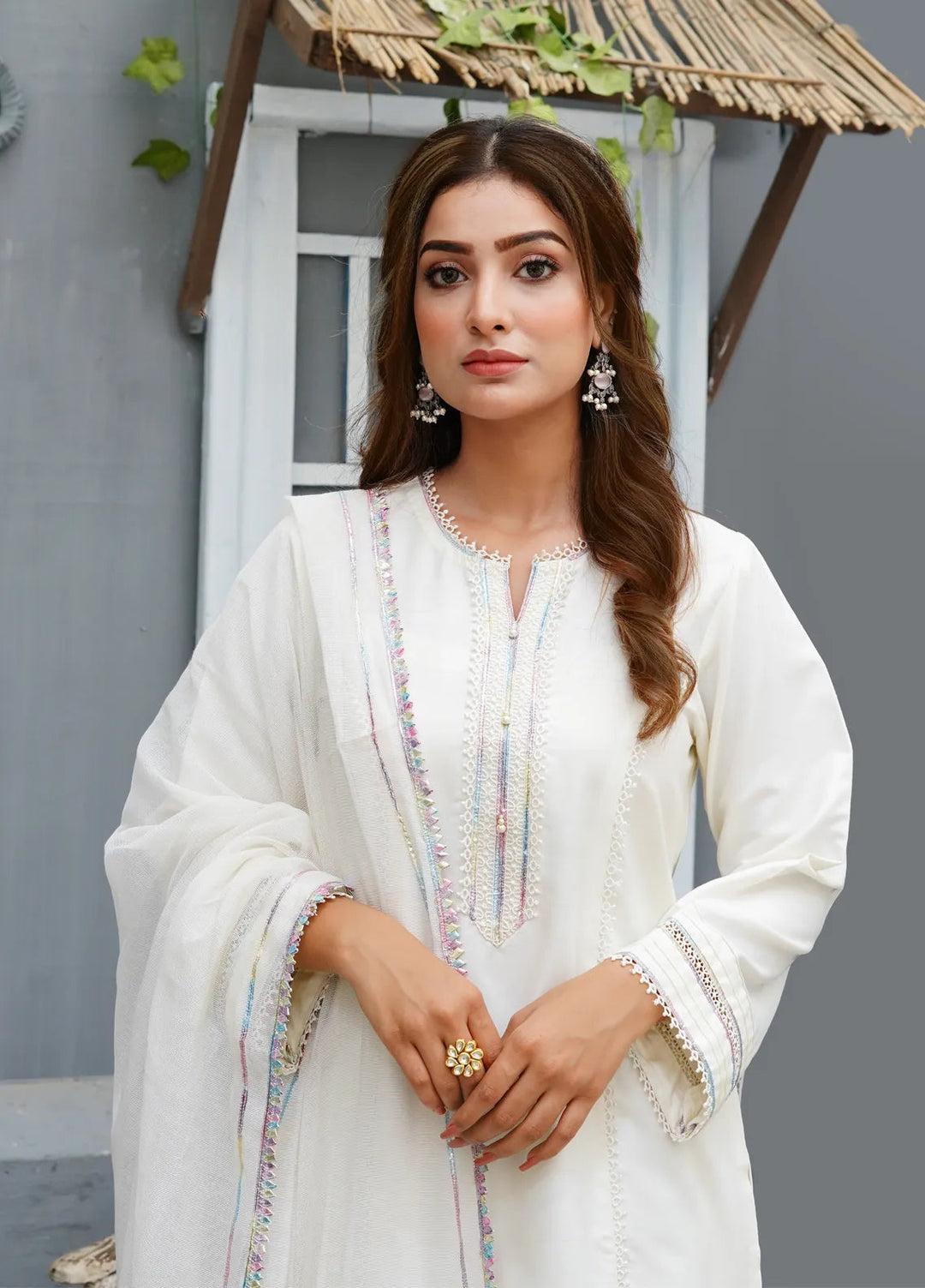 Zar Pret Embroidered Cotton silk 3 Piece Suit Pearl White