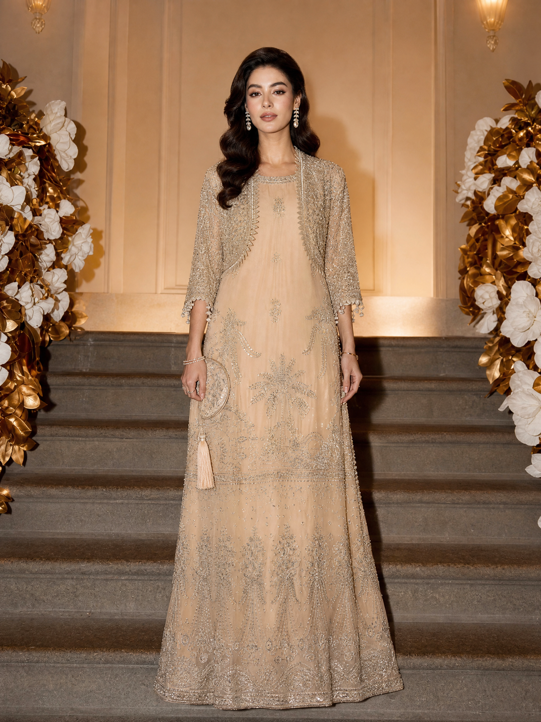 Check In by Zarizaa Embroidered Chiffon 3 Piece Suit ZZ26UCI CREME - Festive Collection