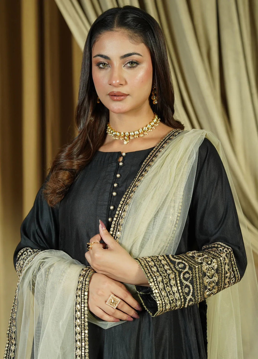 Zaren Pret Embroidered Chambray 3 Piece Suit 4146-K.NT-BLK