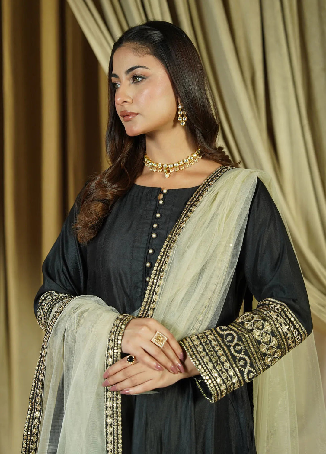 Zaren Pret Embroidered Chambray 3 Piece Suit 4146-K.NT-BLK