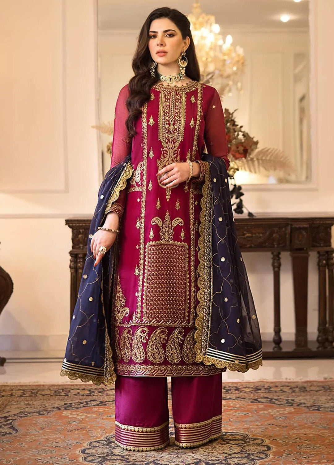 Zari Sitara By Asim Jofa Embroidered Chiffon Unstitched Suit 2 Piece AJ23ZS AJZS-16 - Luxury Eid Collection