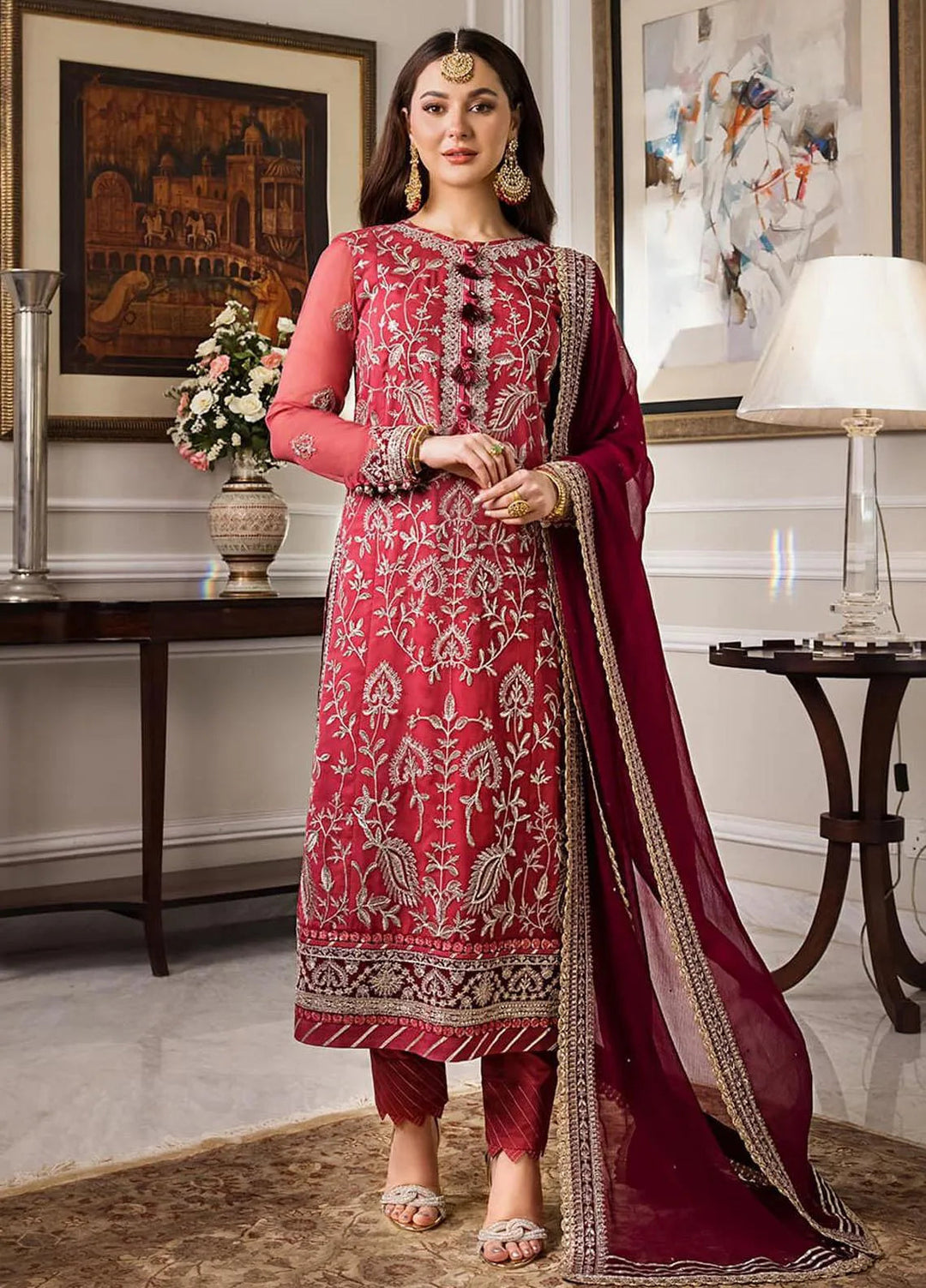 Zari Sitara By Asim Jofa Embroidered Chiffon Unstitched Suit 2 Piece AJ23ZS AJZS-28 - Luxury Eid Collection